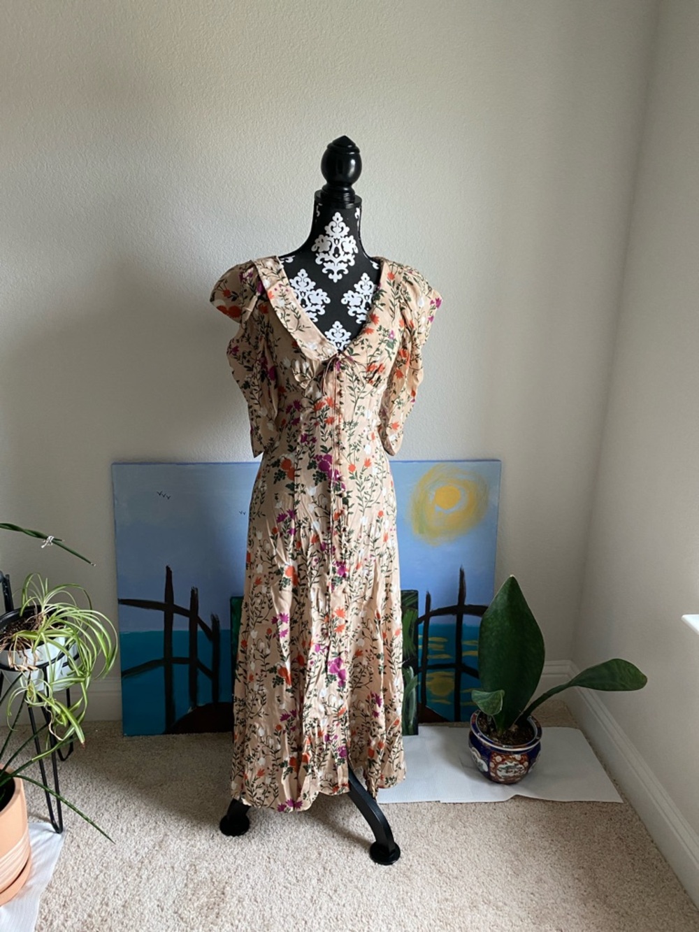 La Ligne Beige Floral Ruffle Maxi Dress with Pink & Green Flowers